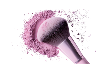 A pink makeup brush is shown in a pile of pink powder, transparent background, cut out, PNG 3D Digital Art.	