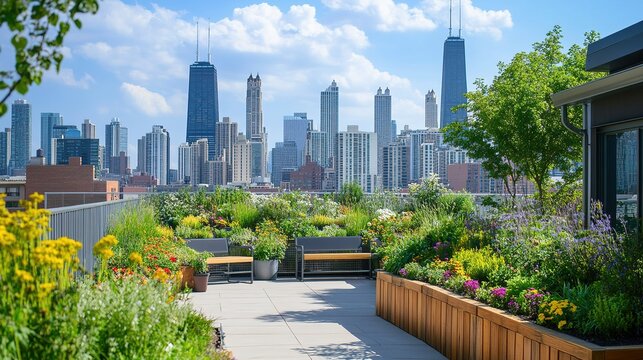 Outdoor space aesthetic urban green rooftop garden with potted plants chicago skyline