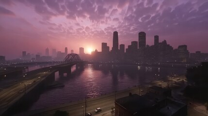 Obraz premium Cityscape Sunset Over River Bridge and Skyline
