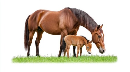 Naklejka premium A Brown Mare and Her Foal in a Lush Green Pasture