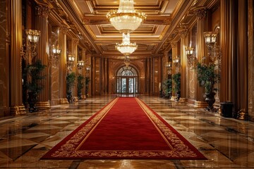 A grand luxury hallway with a red carpet, gold accents, and a chandelier leading to an event space.