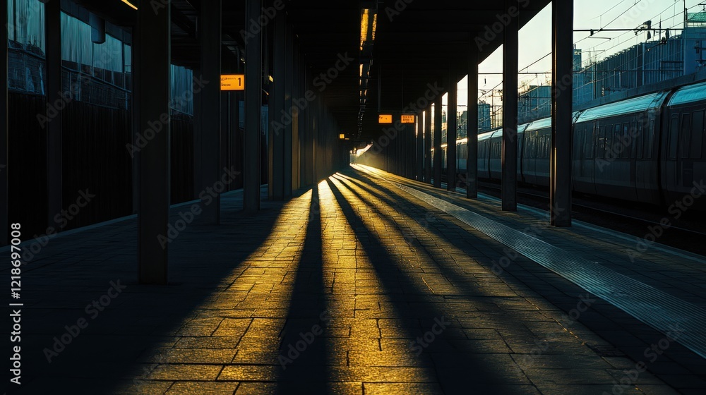 Poster sunlight streams through the train station casting long shadows on the platform floor