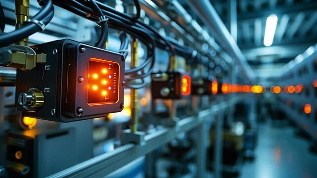 Modern factory equipment with illuminated sensors and control panels actively managing an automated production line, ensuring smooth operation and high quality output in a manufacturing setting
