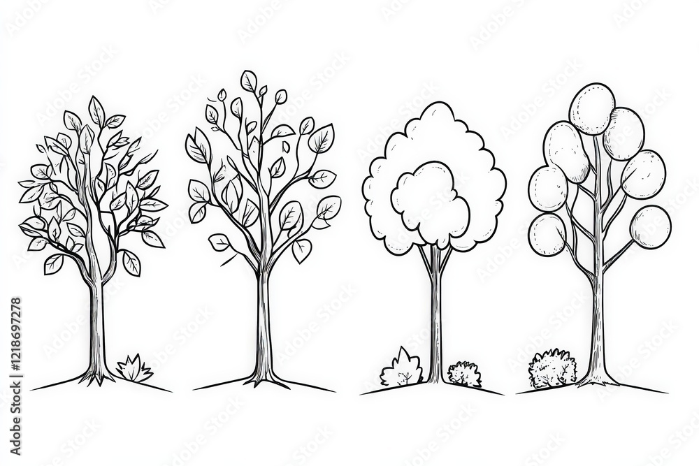 Poster different types of trees illustrating seasonal changes and their diverse structures in a simple sket