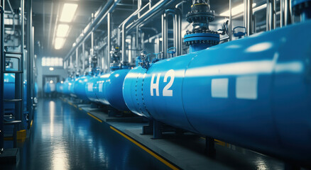 A series of blue hydrogen pipelines are displayed in an industrial setting, showcasing H2 labels. The bright lighting highlights the advanced infrastructure and operational efficiency.