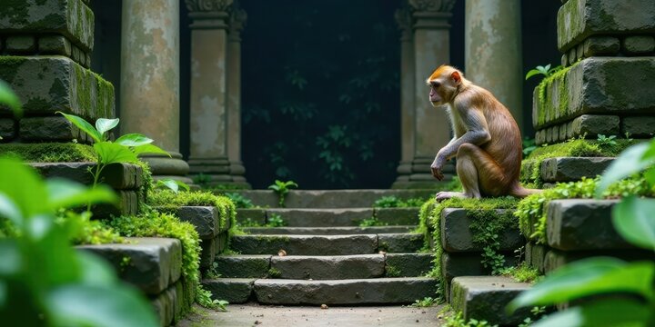 A pensive primate perched on mossy stones, ancient architecture framing a serene jungle scene