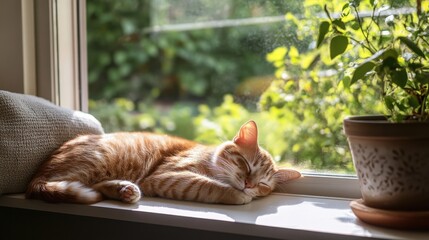 Tranquil indoor catnap scene with a cat napping on a windowsill overlooking a sunny garden, capturing a cozy and peaceful home setting perfect for pet and home content.