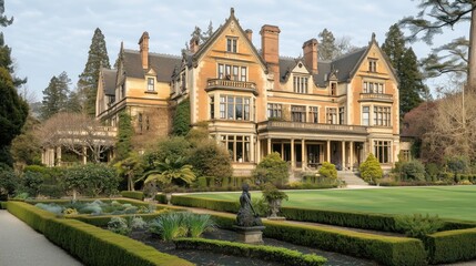 Fototapeta premium Elegant Victorian mansion with a manicured garden - generated AI