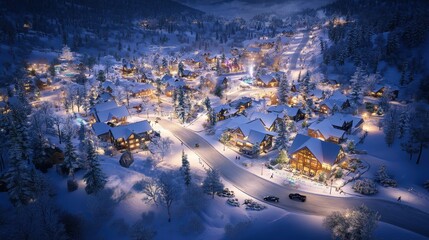 A Nighttime View Of A Snow Covered Village In The Mountains