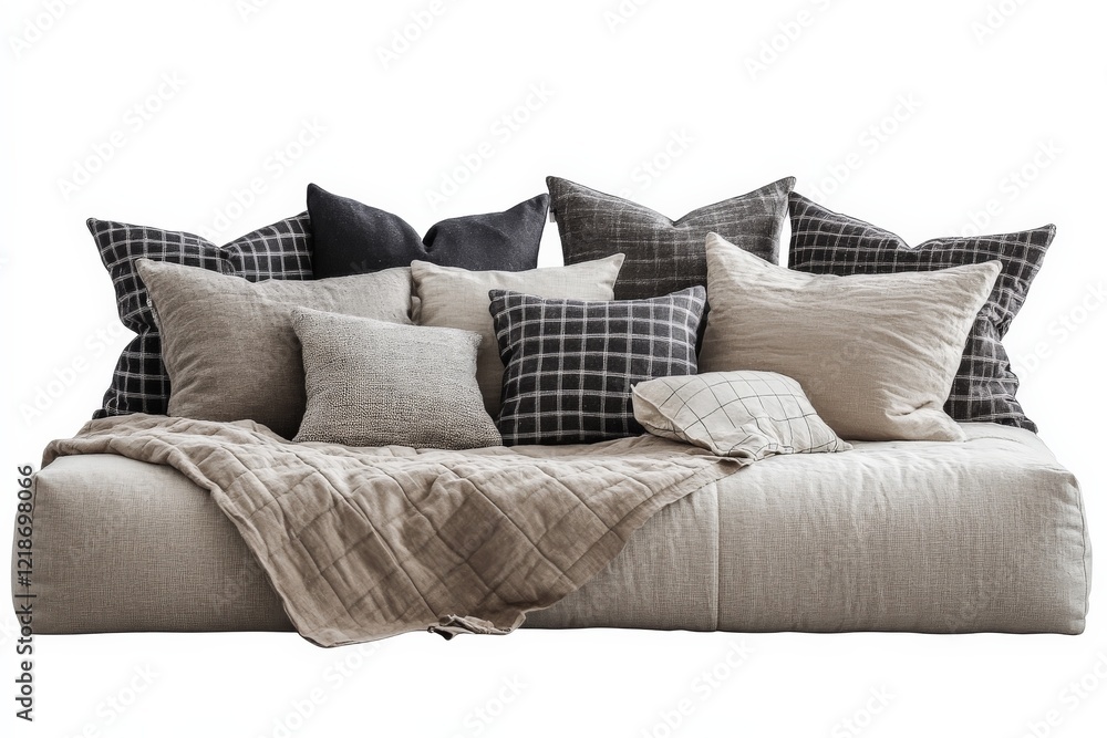 Poster cozy sofa adorned with an array of textured cushions in neutral colors perfect for a relaxed living 