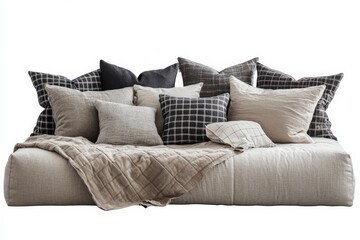 Cozy sofa adorned with an array of textured cushions in neutral colors perfect for a relaxed living space