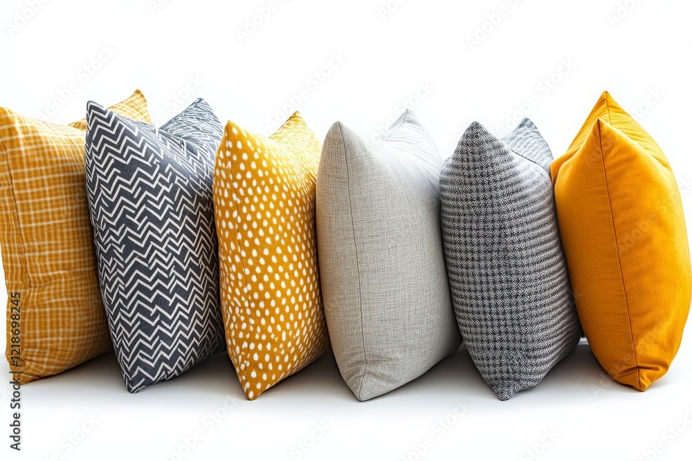 Poster colorful array of decorative throw pillows arranged neatly on a white background