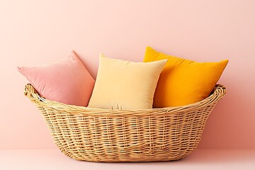 Fototapeta premium Pastel Pillows in Wicker Boat Basket against Pink Wall