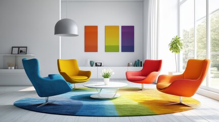 A Bright, Modern Living Room With Colorful Armchairs Arranged Around A Circular Rug And Coffee Table. The Room Is Filled With Natural Light And Has A Cheerful Vibe.
