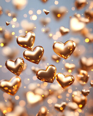 Fototapeta premium A dreamy display of floating golden hearts, surrounded by soft bokeh lights, evoking feelings of love and celebration.
