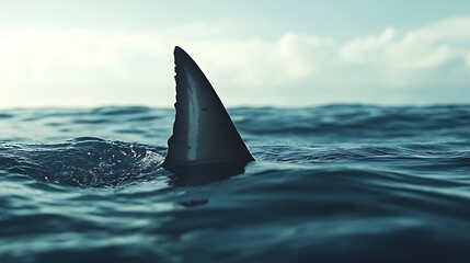 Fototapeta premium A shark fin emerges above the ocean surface, hinting at the presence of the predator beneath.