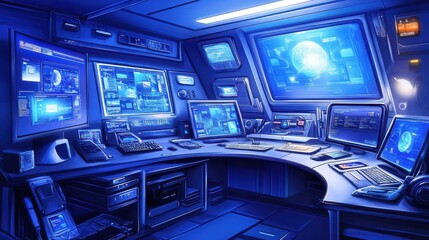 Obraz premium Futuristic Blue Room Filled With Advanced Technology