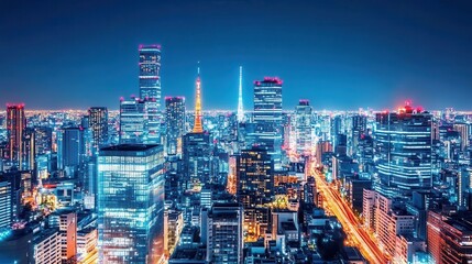 Naklejka premium Nighttime Tokyo Skyline Cityscape Illuminates Towers