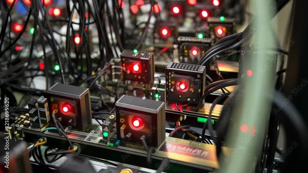 Poster quantum computing processors working with red indicator lights flashing, symbolizing data processing