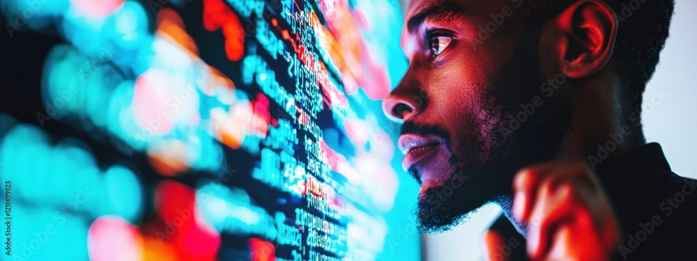 Poster focused young man analyzing data on digital screen in modern office environment with bright colors a