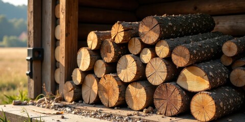 Stack of neatly arranged firewood logs in a rustic wooden storage structure, bathed in warm sunlight