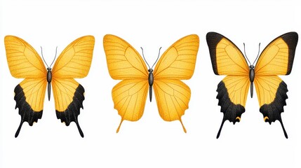 Naklejka premium Three Yellow Butterflies With Delicate Black Markings On White