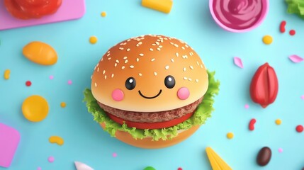 A cartoon burger with smiling eyes, surrounded by colorful condiments.