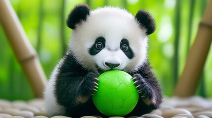 Obraz premium Adorable Panda Cub Playing with a Green Ball in a Bamboo Forest