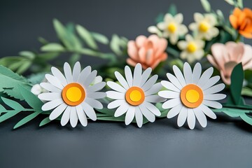 Obraz premium Colorful Paper Flowers Arrangement on a Gray Background