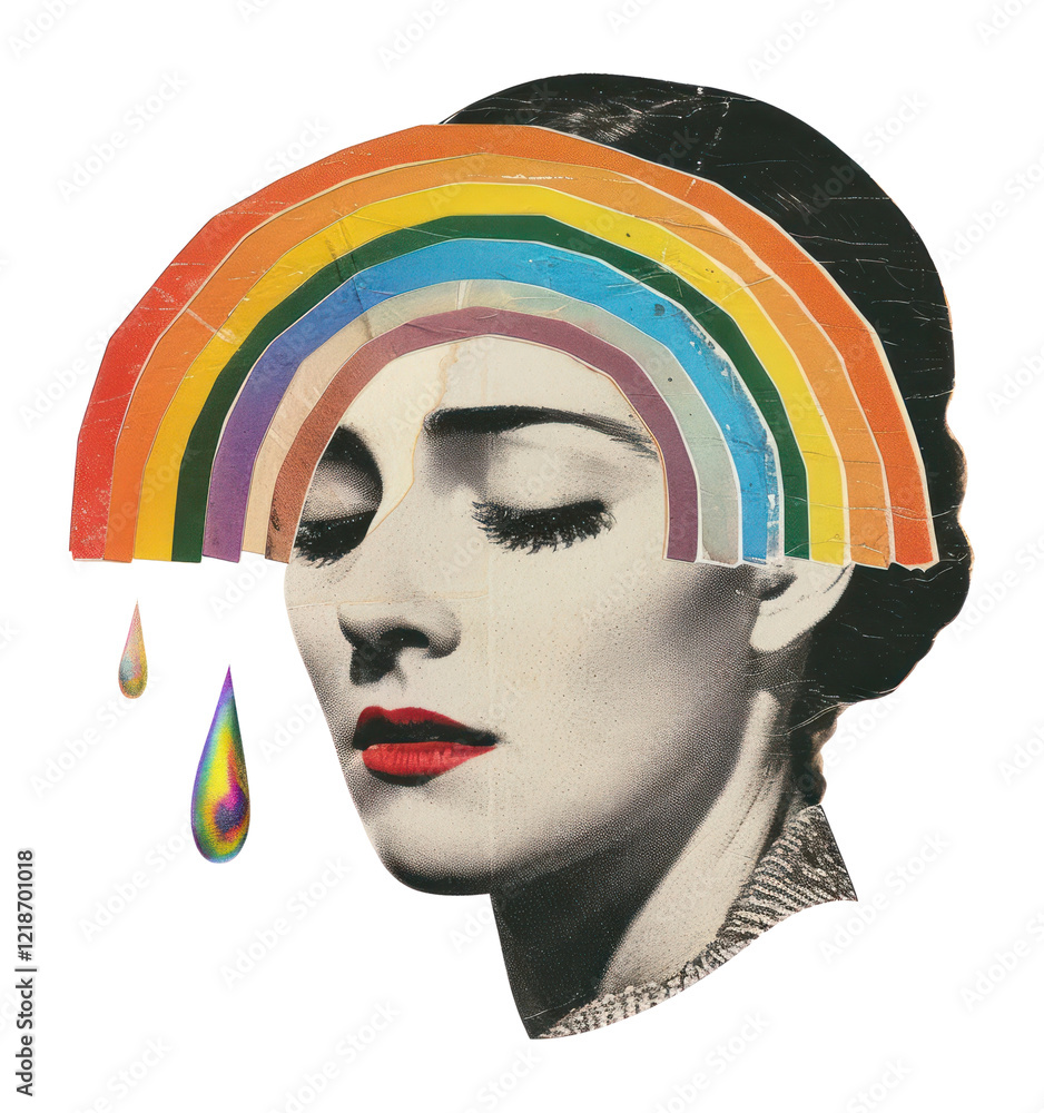 Poster PNG Woman cry collage cutouts portrait rainbow vintage.