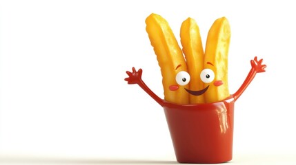 A cartoon french fry with arms and legs, holding a ketchup bottle.