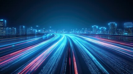 Fototapeta premium Futuristic Cityscape Highway Illuminated With Digital Code Streams