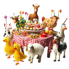 Obraz premium scene with farm animals dancing around a table filled with treats isolated on white background 