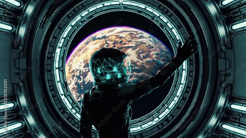 Poster astronaut wearing a futuristic helmet with a holographic interface is waving at an exoplanet similar