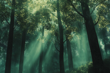Obraz premium Peaceful forest scene with tall trees, sunlight filtering through leaves and casting golden rays on the mossy floor. Negative space at the top for text. Ideal for eco-themed ads or posters.