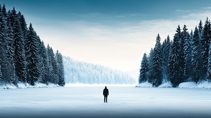 Traveler standing on a frozen lake amid snowy forest winter wonderland landscape photography serene environment