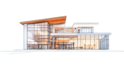 Architectural high rise shopping center or office building on transparent background