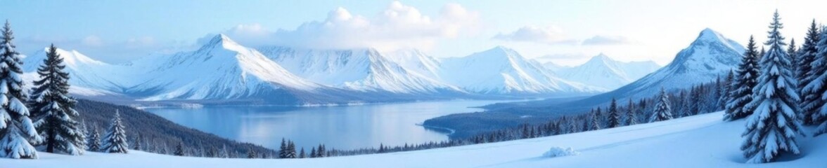 Fototapeta premium A dense layer of snow covering the mountain ridges and peaks in Alaska, snow, cold weather, evergreen trees