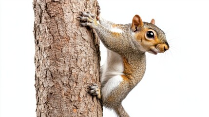 Agile Squirrel Climbing a Tree Trunk Against White Background