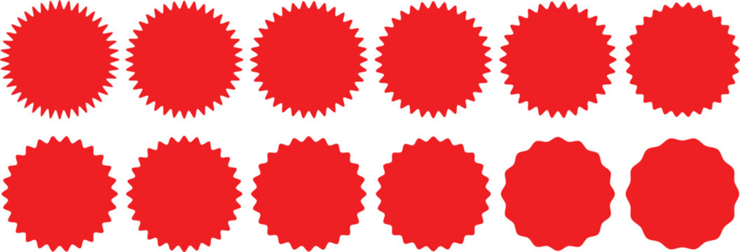 Set of red starburst. Price sticker, sale sticker, price tag, starburst, quality mark, retro stars, sale. Circle sticker set. Wavy edge promo red badges. Star burst shape tags for price. Red sale tag