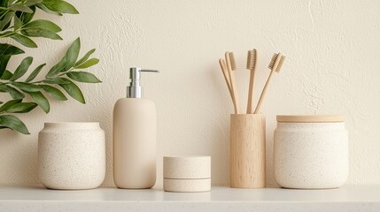 Naklejka premium Sustainable makeup tools displayed on a vanity for eco-friendly beauty minimalist home decor aesthetic environment
