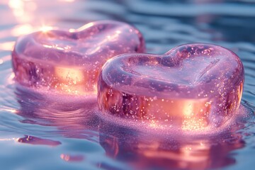 Two glass hearts float on calm water at sunset, romantic background