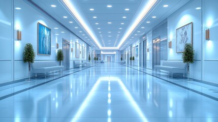 Fototapeta premium Modern hospital corridor, elevator, art, lighting