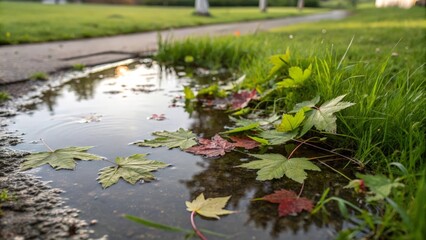 Naklejka premium A puddle with floating spring leaves.