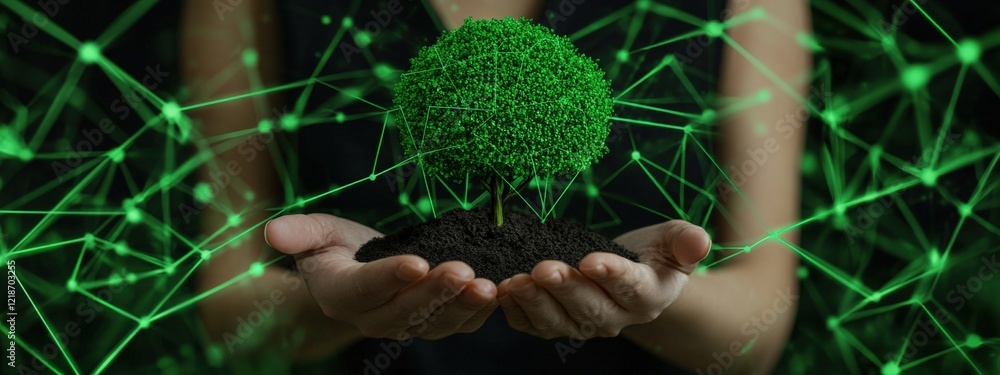 Poster hands holding green tree model surrounded by digital connections and network symbolizing environment