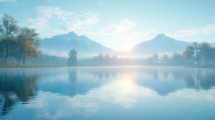 Obraz premium Misty Sunrise Lake Mountain Landscape