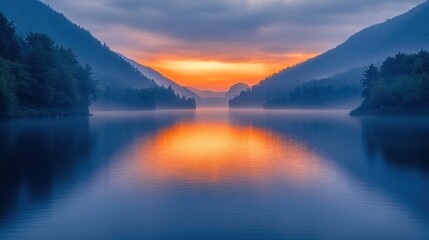 Misty Sunrise Lake Mountain Reflection