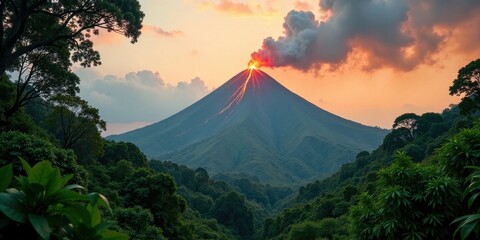Fototapeta premium Majestic Volcano Erupts at Sunset, Surrounded by Lush Tropical Rainforest