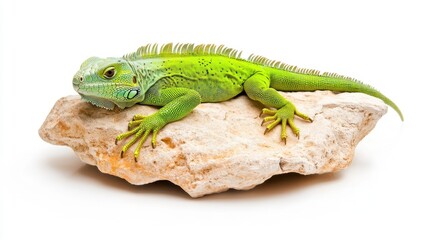 Fototapeta premium Closeup Of A Green Lizard On A Rock Against A White Background