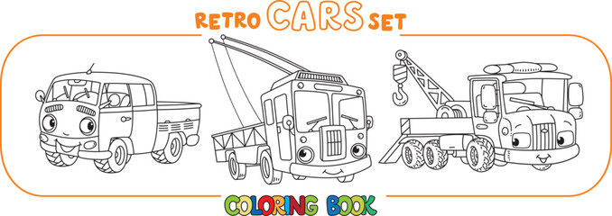 Cars. Cargo trolley or trolleybus, truck and tow truck. Small funny vector cute vehicles with eyes and mouth. Coloring book set for kids. Children vector illustration